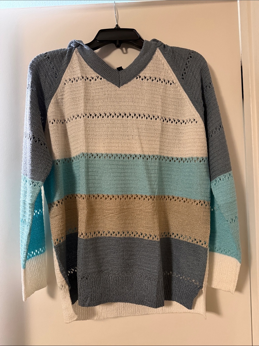 Striped Hooded Knit Sweater in Blue, Cream & Tan